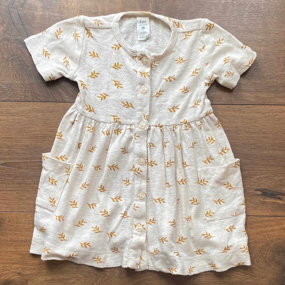Kate Quinn Cream Dress with Gold Leaf Pattern 12-18 months Organic Cotton